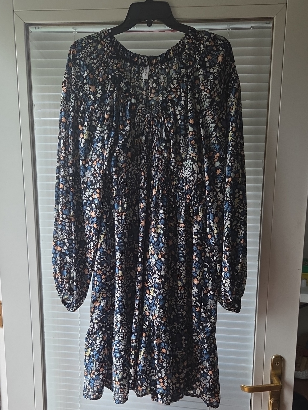 Navy Floral Long-Sleeve Smocked Yoke Midi Dress